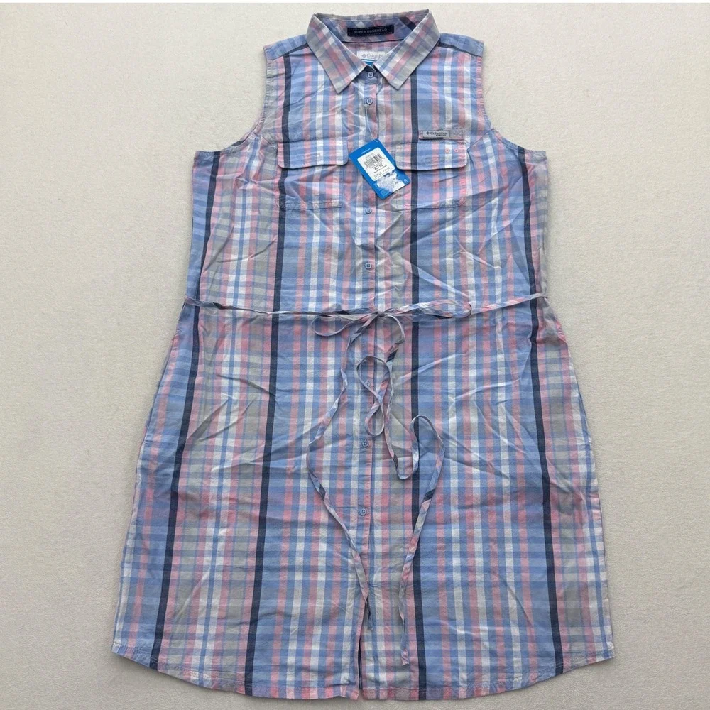 Columbia PFG Super Bonehead Sleeveless Dress XL Blue Pink Plaid - Picture 2 of 9
